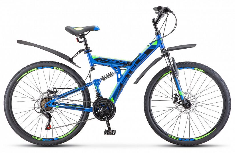 Велосипед Stels Focus MD 27.5 21-sp V010 (19, синий/неоновый зеленый, 2021)