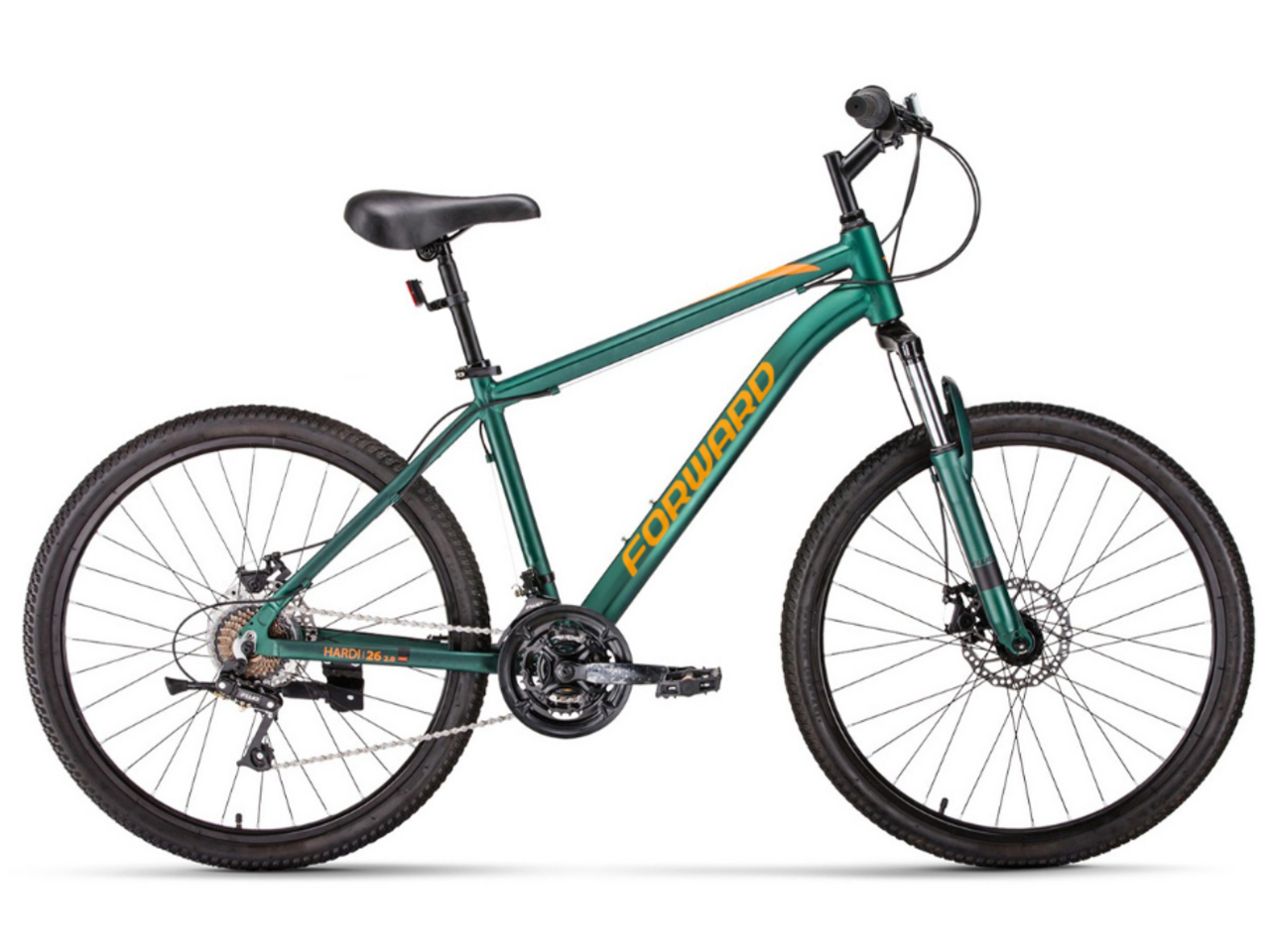 Велосипед Forward Hardi 26 2.0 disc (17, зеленый матовый/оранжевый, 2022)